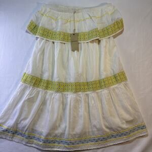Cottage Core Strapless Midi Dress Smocked L Lined Lace Tiered Beachy Boho Large